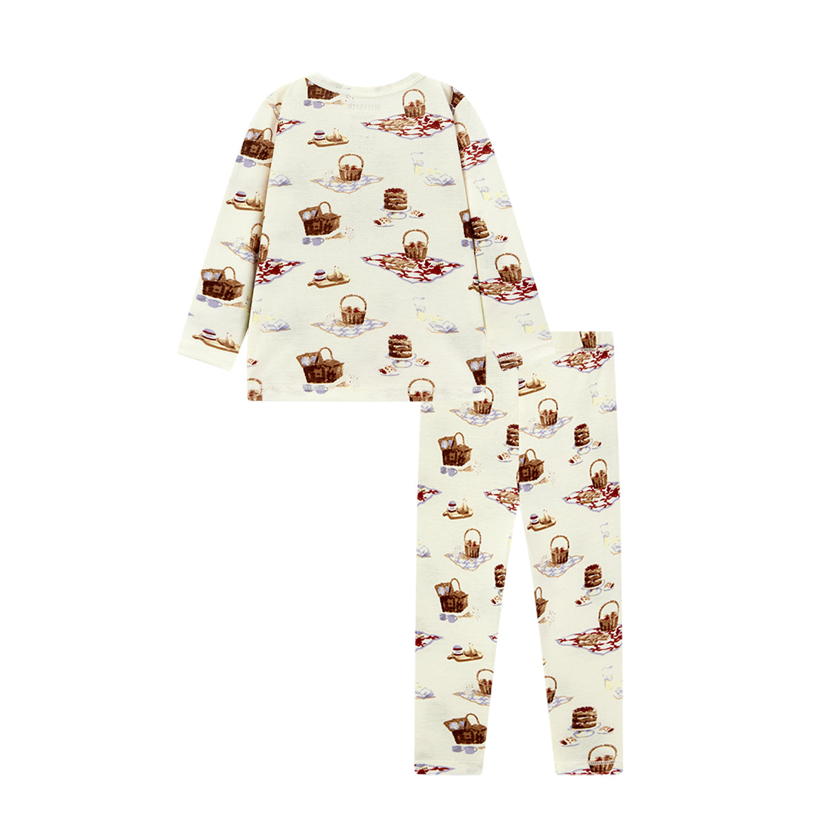 Back view of picnic print organic cotton pajama set with top and pants for kids