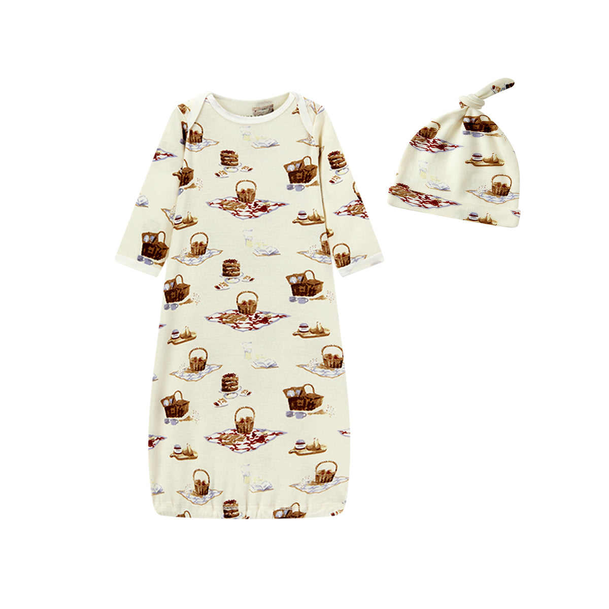 Organic cotton newborn gown and hat set with picnic and basket design, soft and eco-friendly, perfect for family outing baby gifts