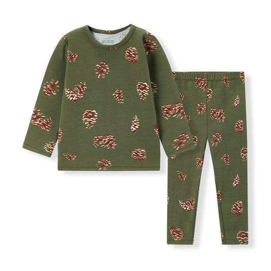Cotton stretch pajama set for toddlers with pinecone nature print, long sleeve shirt and pants