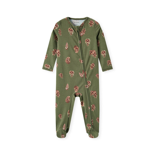 Pinecone cotton stretch zipper footed romper (footie pajamas) for babies, neutral and soft for everyday wear