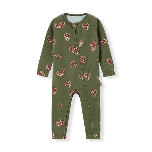 Milkbarn Pinecone Cotton Stretch Zipper Pajama for babies in dark green, made of soft and stretchy cotton blend with playful pinecone pattern, gentle on skin and comfortable for sleep and play, unisex design