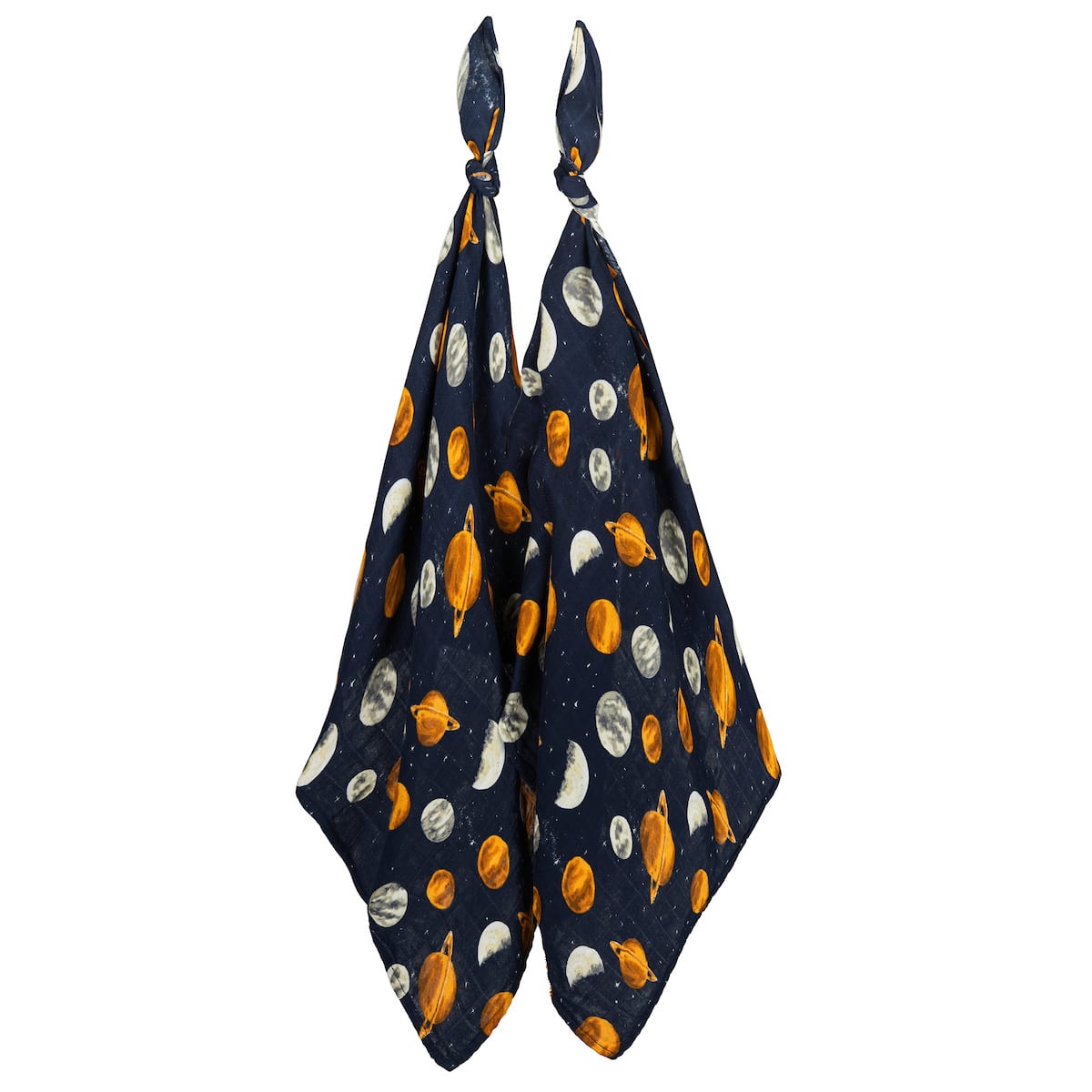 Two-piece bamboo muslin baby burp cloth set with dark blue, white, and orange planet design, soft and absorbent for newborns and baby shower gifts