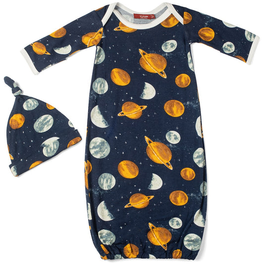 Bamboo newborn gown and hat set with outer space design featuring planets and moons, soft and breathable, perfect space-themed baby gift