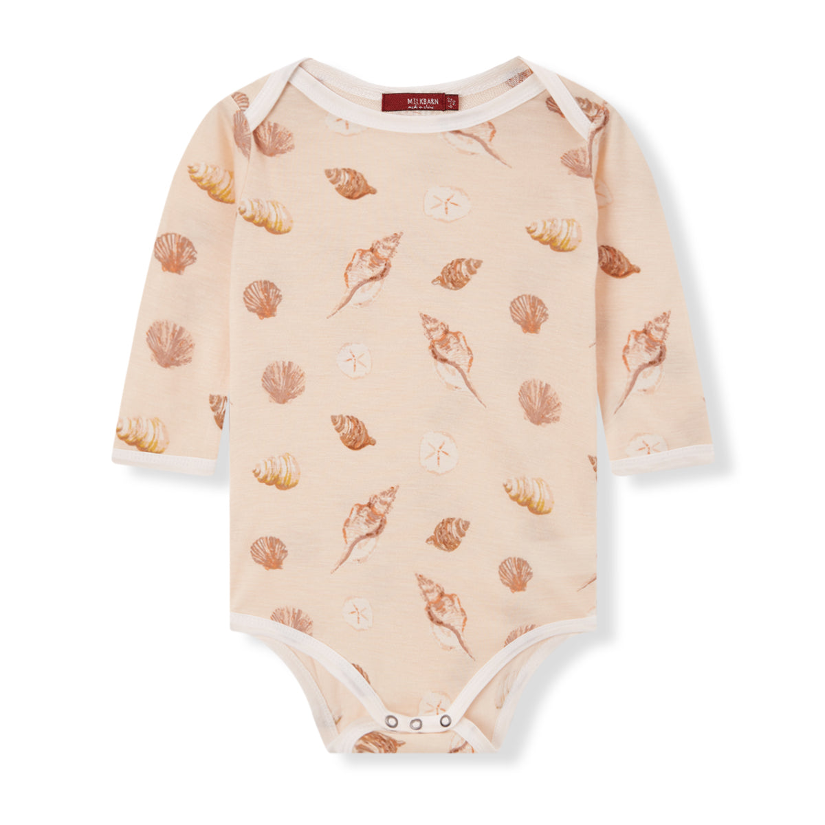 Soft and breathable bamboo long sleeve baby one piece in pink with seashell print for girls and boys