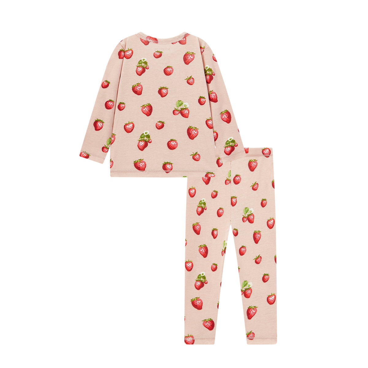 Back view of strawberry print organic cotton two piece pajamas for children