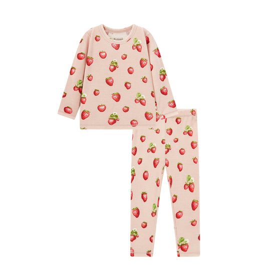 Organic cotton pajama set for toddler girls with strawberry fruit print, long sleeve top and bottoms