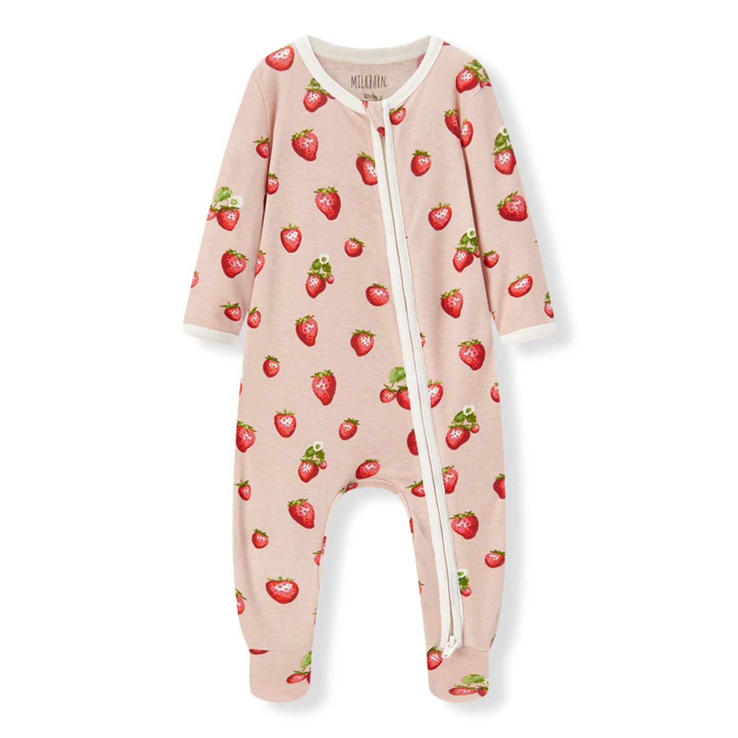Strawberry print organic cotton zipper footed romper (footie pajamas) for babies, neutral style, easy to wear