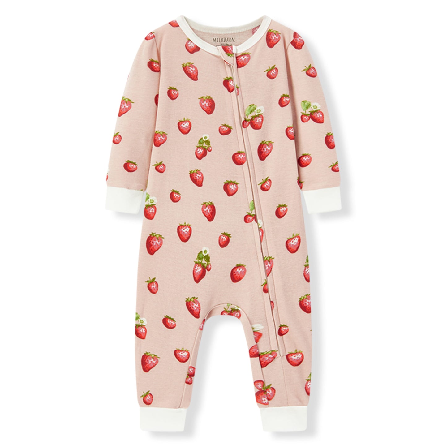 Milkbarn Strawberry Organic Cotton Zipper Pajama for baby girls, made of soft and breathable 100% organic cotton with playful strawberry pattern, gentle on skin and perfect for sleep and play