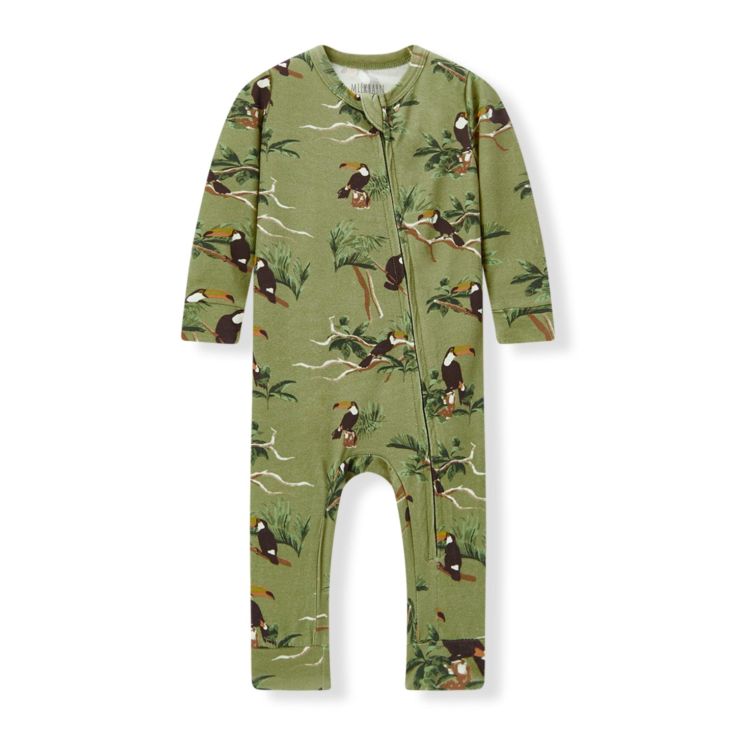 Milkbarn Toucan Cotton Stretch Zipper Pajama for babies, made of soft and stretchy cotton blend with playful toucan pattern, gentle on skin and comfortable for sleep and play