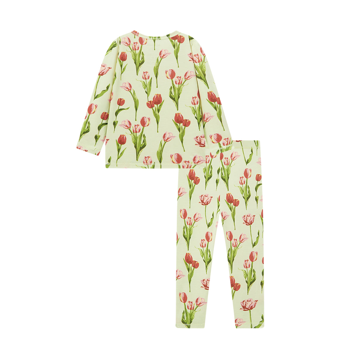 Back view of tulip print luxe stretch pajama set with top and pants for children