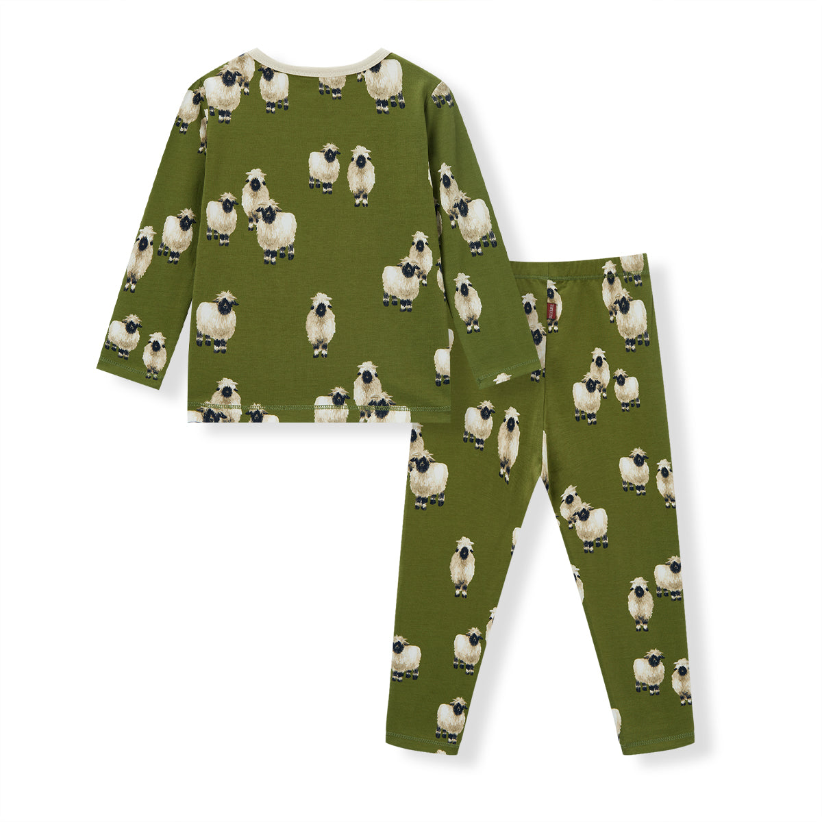 Back view of valais sheep print cotton stretch pajamas with top and pants for children