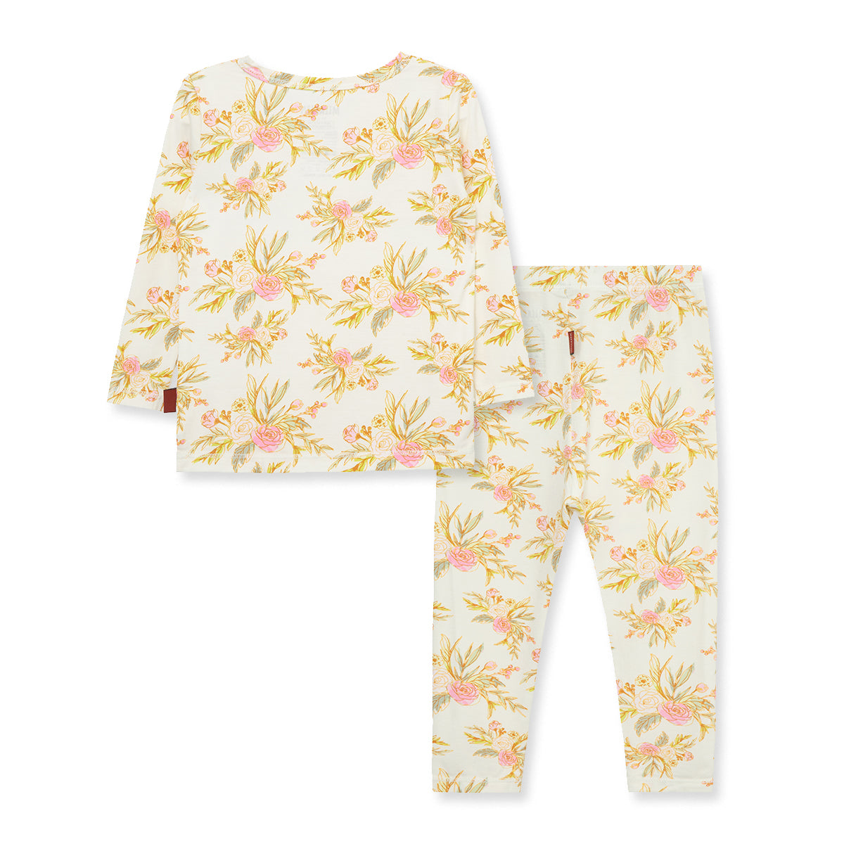 Back view of vintage floral bamboo stretch pajama set with top and pants for children
