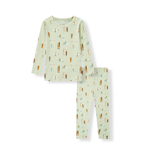 Cotton stretch pajama set for kids with vintage surf beach print, breathable long sleeve top and pants