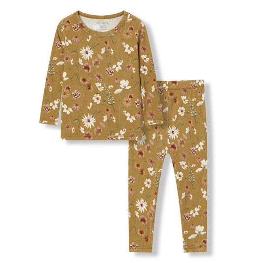 Luxe stretch toddler pajama set with wildflower floral print, long sleeve top and pants for soft girls sleepwear