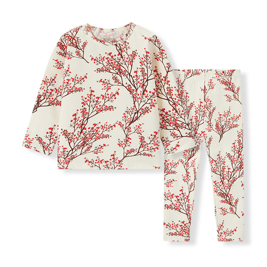 Cotton stretch pajama set with winterberry print, breathable long sleeve toddler sleepwear with spandex comfort