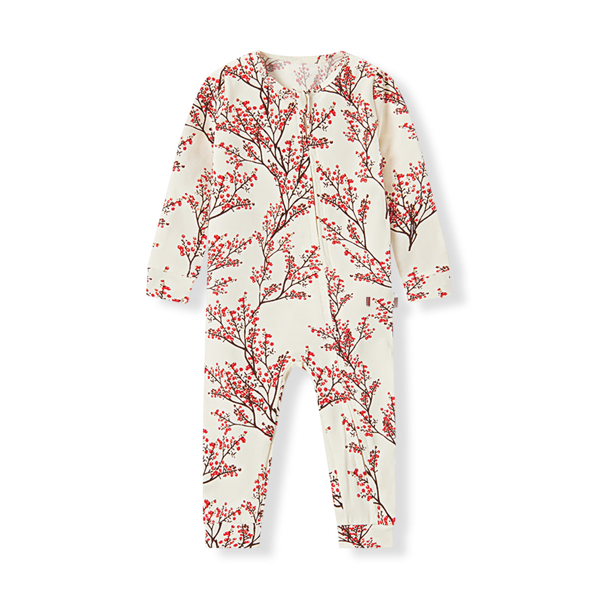 Milkbarn Winterberry Cotton Stretch Zipper Pajama for babies in white, made of soft and stretchy cotton blend with playful winterberry pattern, gentle on skin and comfortable for sleep and play, unisex design