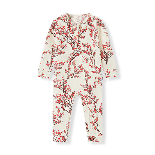 Milkbarn Winterberry Cotton Stretch Zipper Pajama for babies in white, made of soft and stretchy cotton blend with playful winterberry pattern, gentle on skin and comfortable for sleep and play, unisex design