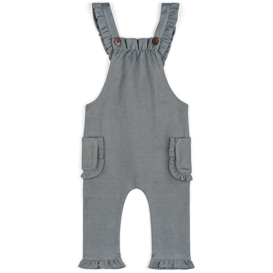 Baby Girl or Child's Ruffle Overalls in the Organic Cotton and Recycled Polyester Blend Denim Fabric by Milkbarn Kids