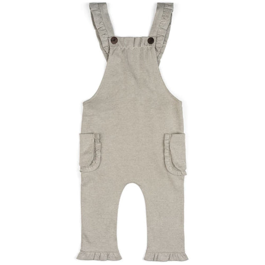 Baby Girl or Child's Ruffle Overalls in the Organic Cotton and Bamboo Blend Grey Pinstripe Fabric by Milkbarn Kids