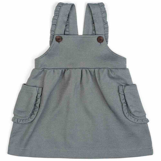 Baby or Child's Ruffle Dress Overalls in the Organic Cotton and Recycled Polyester Blend Denim Fabric by Milkbarn Kids (Front)