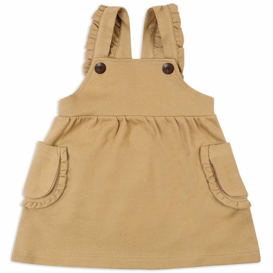 Baby or Child's Ruffle Dress Overalls in the Organic Cotton and Recycled Polyester Blend Rust Colored Denim Fabric by Milkbarn Kids (Front)