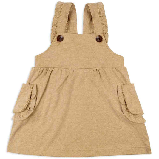 Baby or Child's Ruffle Dress Overalls in the Organic Cotton and Bamboo Blend Rust Colored Pinstripe Fabric by Milkbarn Kids (Front)