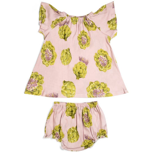 Rose or Light Pink Baby Girl Organic Cotton Dress and Bloomers with the Artichoke Vegetable Print by Milkbarn Kids