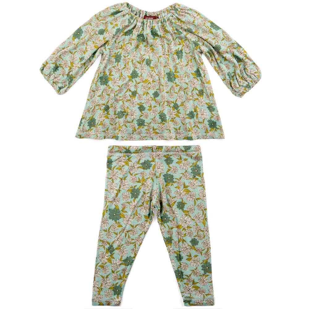 Bamboo Long Sleeve Dress and Legging Set in the Blue Floral or Flower Print by Milkbarn Kids