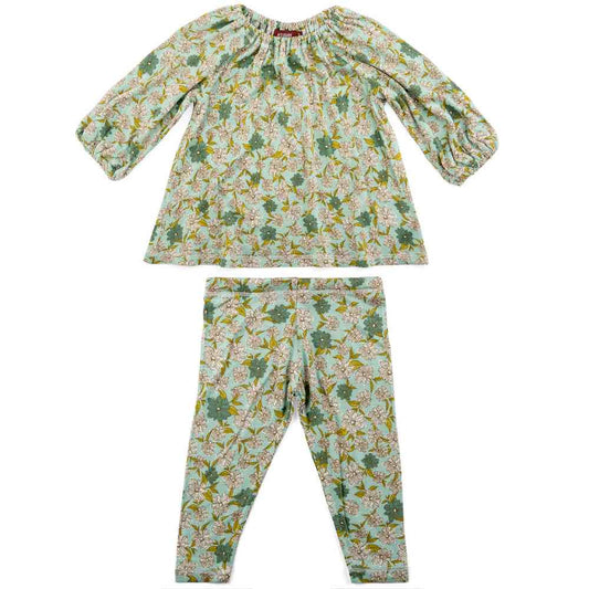 Bamboo Long Sleeve Dress and Legging Set in the Blue Floral or Flower Print by Milkbarn Kids