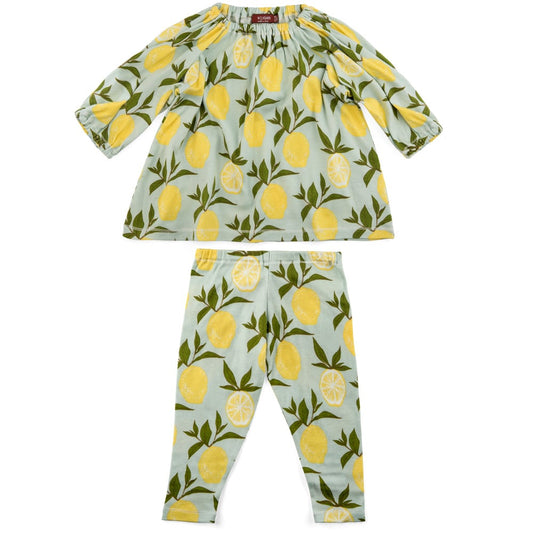 Baby Girls Organic Cotton Dress and Legging Set in the Lemon Print by Milkbarn Kids