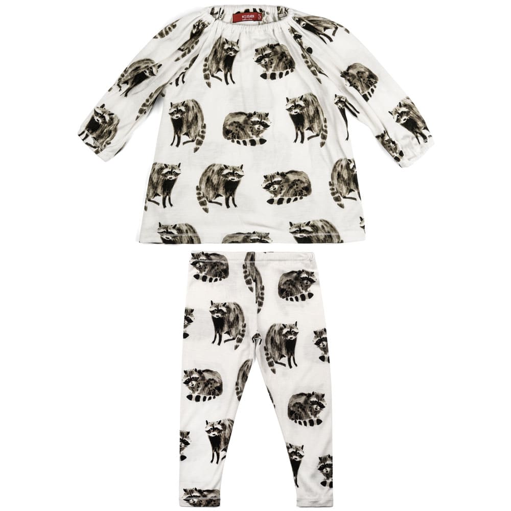 White or Natural Color Baby Girl Bamboo Dress and Leggings with the Raccoon Print by Milkbarn Kids