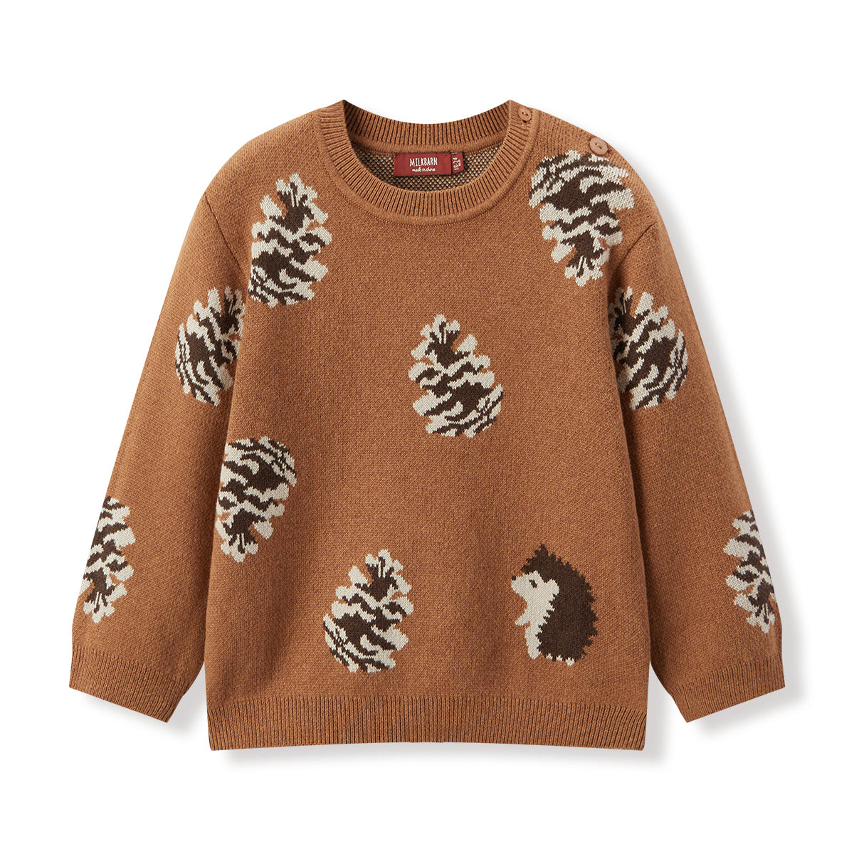 Milkbarn Kids Cotton Cashmere Knitted Sweater baby Apparel Tops in Pinecone & Hedgehog fabric Front