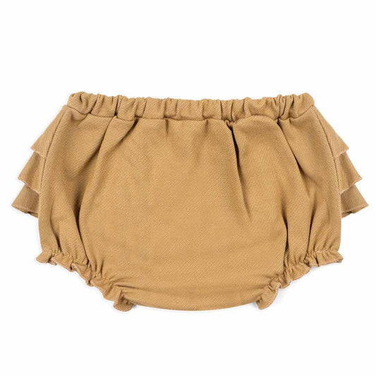 Baby Girl Ruffle Bloomer in the Organic Cotton and Recycled Polyester Rust Denim Blend by Milkbarn Kids (Front)