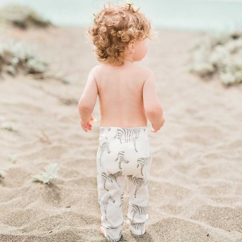 Little Baby Boy on the Beach Wearing the Zebra Print Legging by Milkbarn Kids
