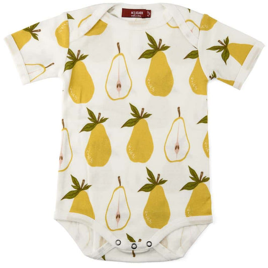 Milkbarn Kids Organic Cotton Baby One Piece or Onesie in the Pear Fruit Print
