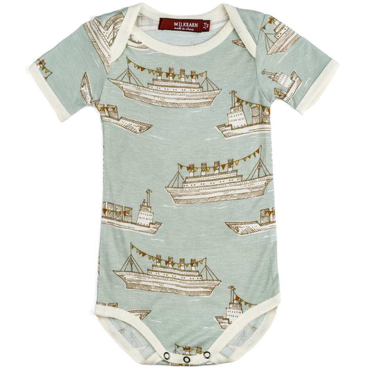 Milkbarn Kids Bamboo Baby One Piece or Onesie in the Blue Ships or Boats Print