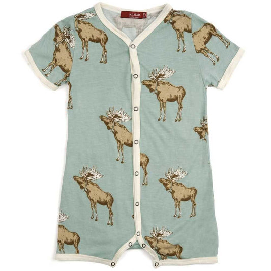Milkbarn Kids Bamboo Baby Shortall, Baby Playsuit or Short Overalls in the Blue Moose Print