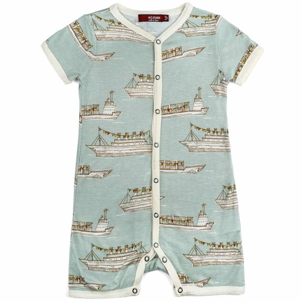 Milkbarn Kids Bamboo Baby Shortall, Playsuit or Short Overalls in the Blue Ships Print