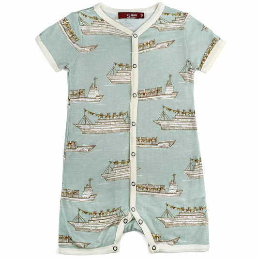 Milkbarn Kids Bamboo Baby Shortall, Playsuit or Short Overalls in the Blue Ships Print