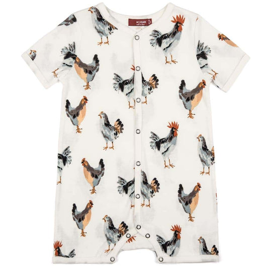 Milkbarn Kids Organic Cotton Baby Shortall, Playsuit or Short Overalls in the Chicken Print