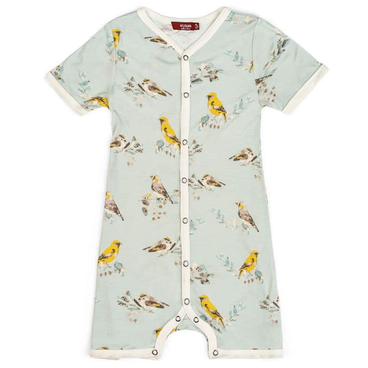 Milkbarn Kids Bamboo Baby Shortall, Playsuit or Short Overalls in the Blue Bird Print