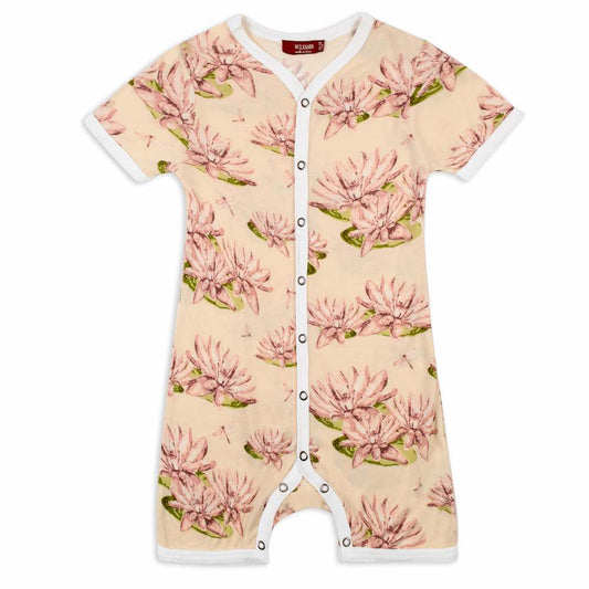 Bamboo Baby Shortall, Playsuit or Short Overalls in the Water Lily Print by Milkbarn Kids