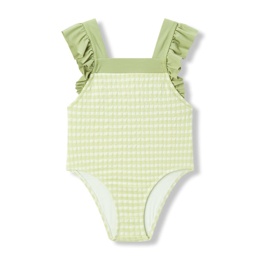 Green Gingham Ruffle Square Neck Swimsuit