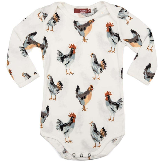 Milkbarn Kids Organic Cotton Baby Long Sleeve One Piece or Onesie in the Chicken Print