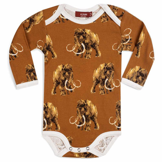 Milkbarn Kids Organic Cotton Baby Long Sleeve One Piece or Onesie in the Woolly Mammoth Print