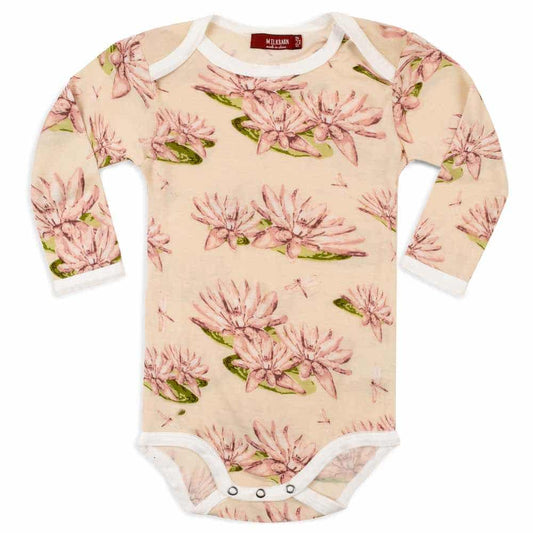 Bamboo Baby Long Sleeve One Piece or Onesie in the Water Lily Print by Milkbarn Kids