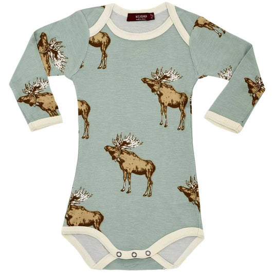 Milkbarn Kids Bamboo Baby Long Sleeve One Piece or Onesie in the Blue Moose Print