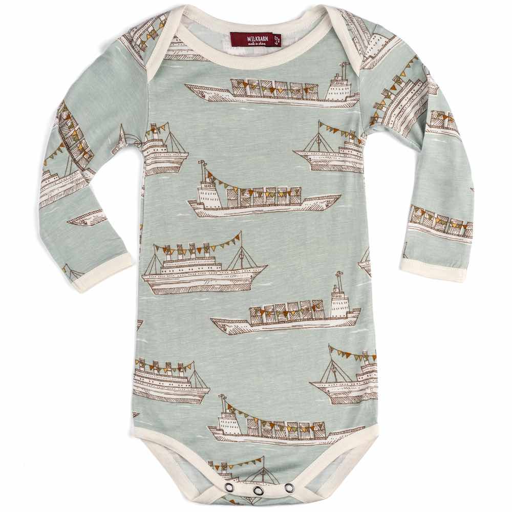 Milkbarn Kids Bamboo Baby Long Sleeve One Piece or Onesie in the Blue Fish Print