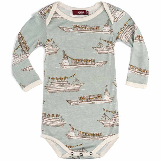 Milkbarn Kids Bamboo Baby Long Sleeve One Piece or Onesie in the Blue Fish Print
