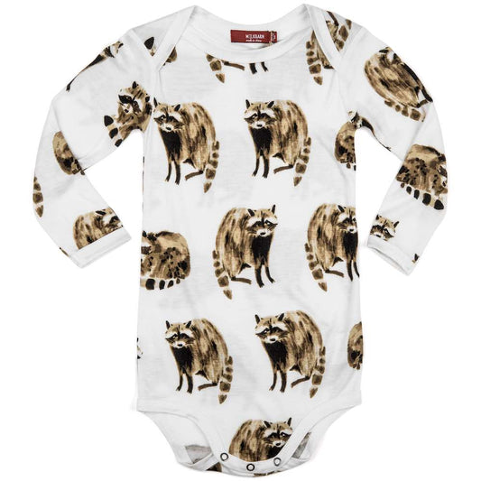Milkbarn Kids Bamboo Baby Long Sleeve One Piece or Onesie in the Raccoon Print